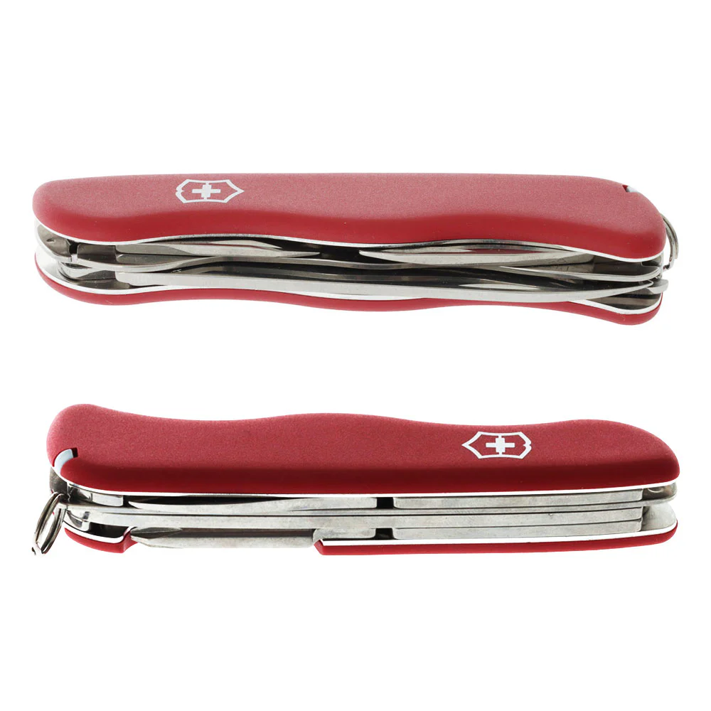 Victorinox Trailmaster Swiss Army Knife featuring a durable 111mm red handle and locking stainless steel blade designed for outdoor and utility tasks. This Swiss-made multi-tool includes a large blade, wood saw, can opener, bottle opener, flathead screwdr