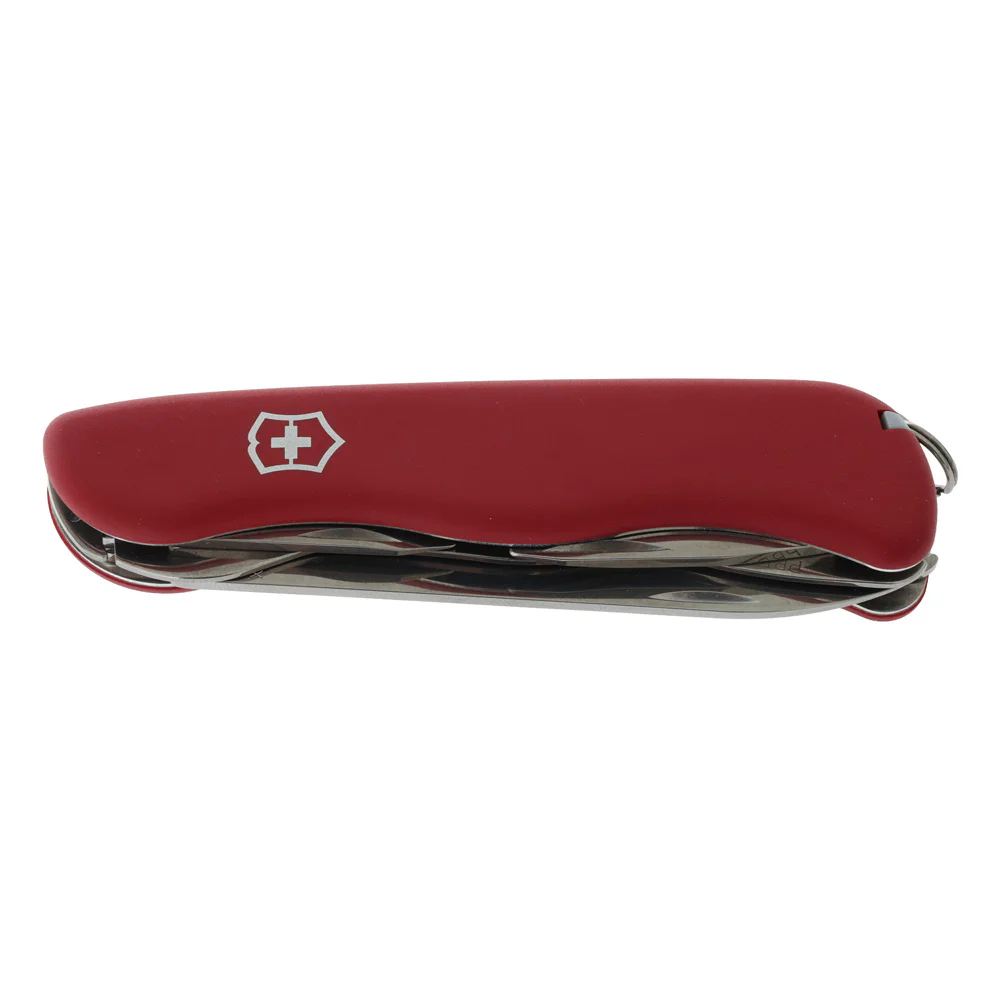 Victorinox Trailmaster Swiss Army Knife featuring a durable 111mm red handle and locking stainless steel blade designed for outdoor and utility tasks. This Swiss-made multi-tool includes a large blade, wood saw, can opener, bottle opener, flathead screwdr