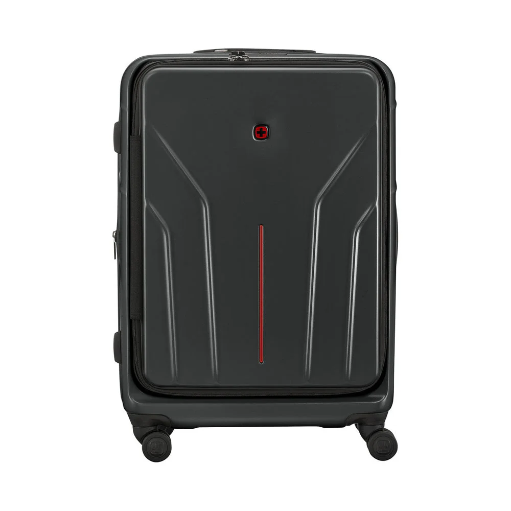 Wenger Amplix black hardside medium suitcase with a front-opening compartment, 360-degree spinner wheels, telescopic handle, and durable hard-shell construction for business and leisure travel.