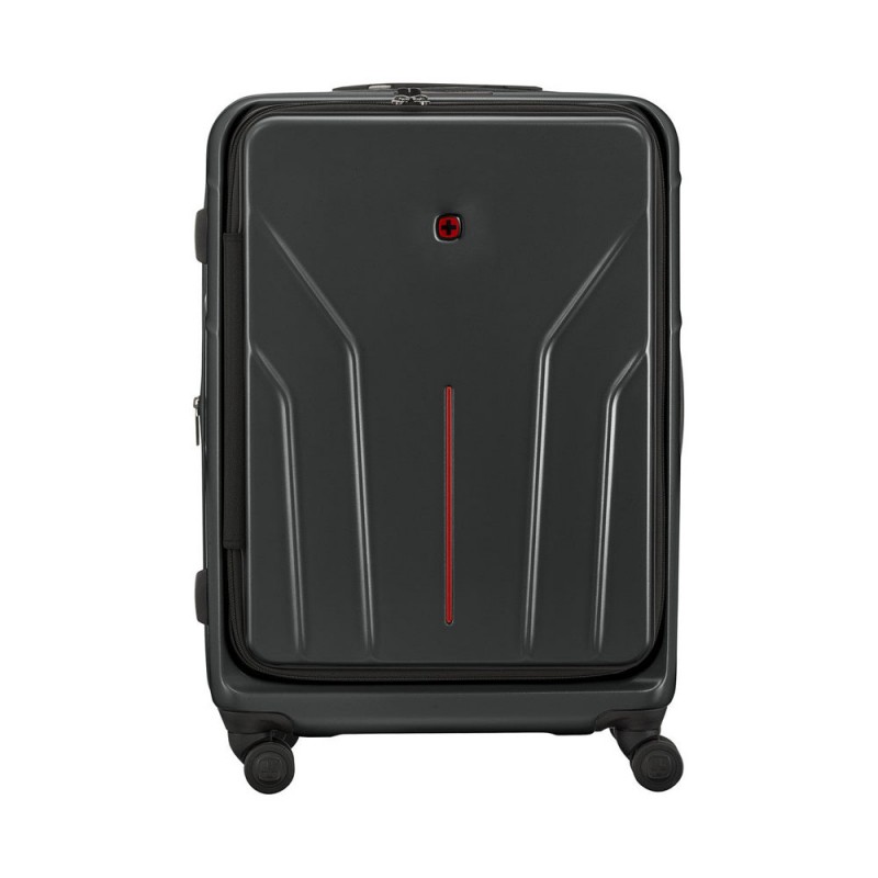 Wenger Amplix black hardside medium suitcase with a front-opening compartment, 360-degree spinner wheels, telescopic handle, and durable hard-shell construction for business and leisure travel.