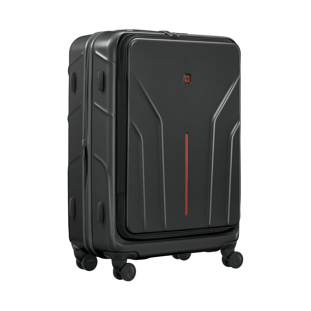 Wenger Amplix Hardside Medium Suitcase – Black Wenger Amplix black hardside medium suitcase with a front-opening compartment, 360-degree spinner wheels, telescopic handle, and durable hard-shell construction for business and leisure travel.