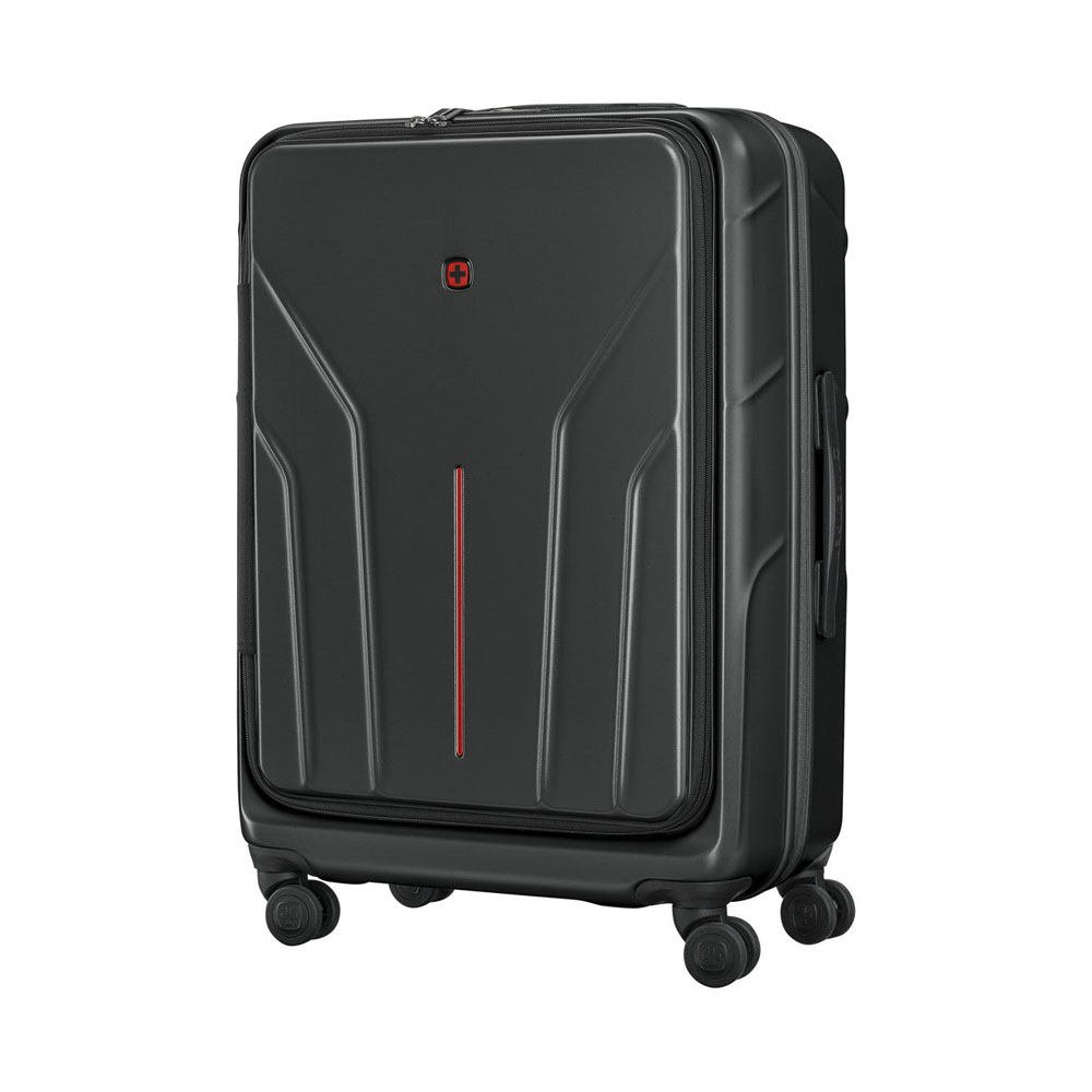 Wenger Amplix Hardside Medium Suitcase – Black Wenger Amplix black hardside medium suitcase with a front-opening compartment, 360-degree spinner wheels, telescopic handle, and durable hard-shell construction for business and leisure travel.