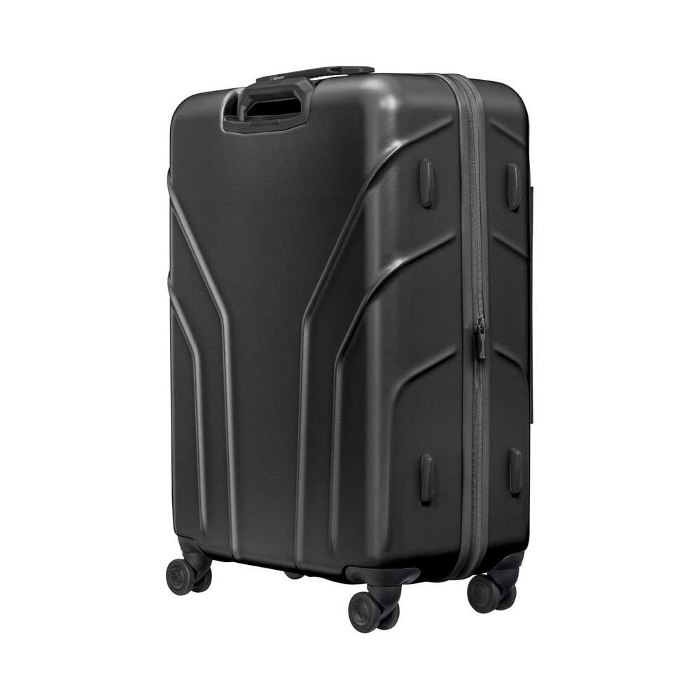 Wenger Amplix Hardside Medium Suitcase – Black Wenger Amplix black hardside medium suitcase with a front-opening compartment, 360-degree spinner wheels, telescopic handle, and durable hard-shell construction for business and leisure travel.
