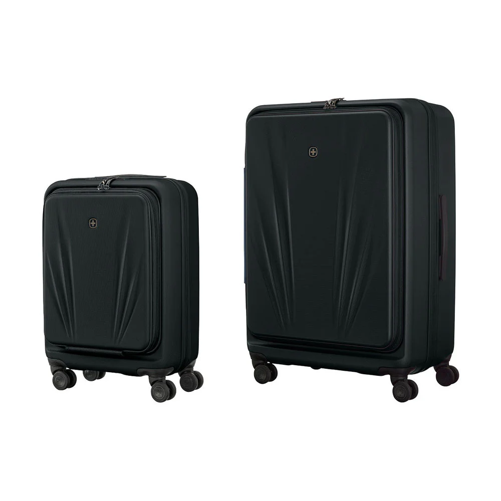 Skyon 2-piece black hardshell luggage set featuring a carry-on and large spinner suitcase with front-opening compartments, 360-degree spinner wheels, and durable hard-shell construction for travel.