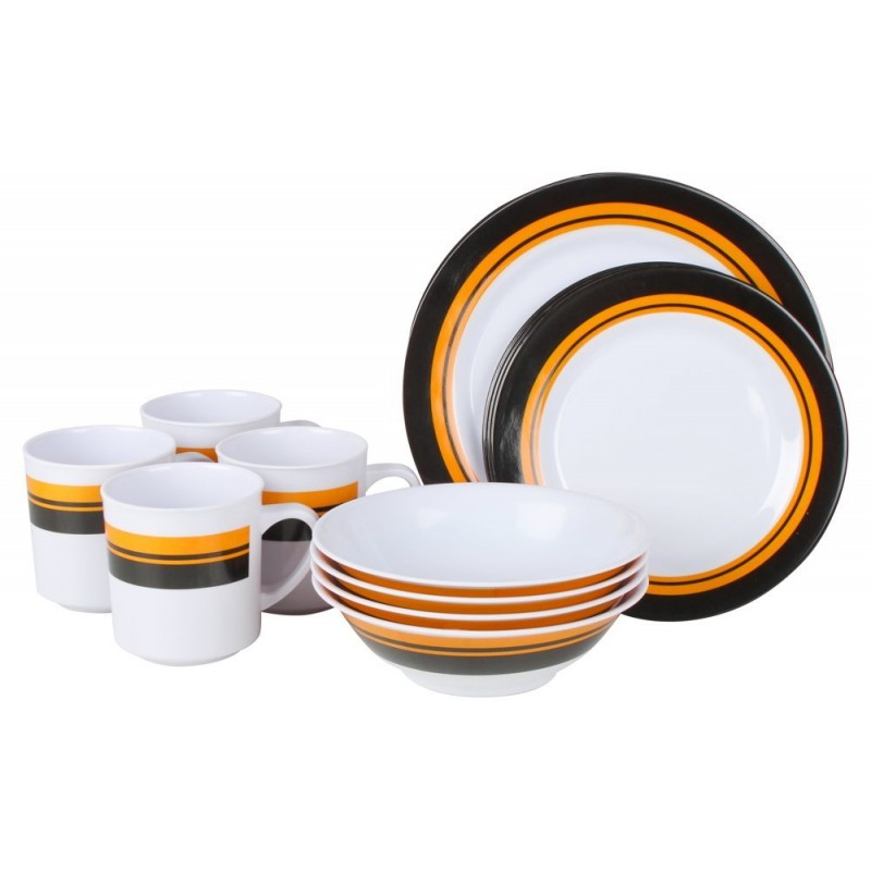 Wildtrak 16-piece BPA-free melamine camping dinner set with plates, bowls and mugs featuring black, white and orange stripe design for camping, caravanning and outdoor dining use