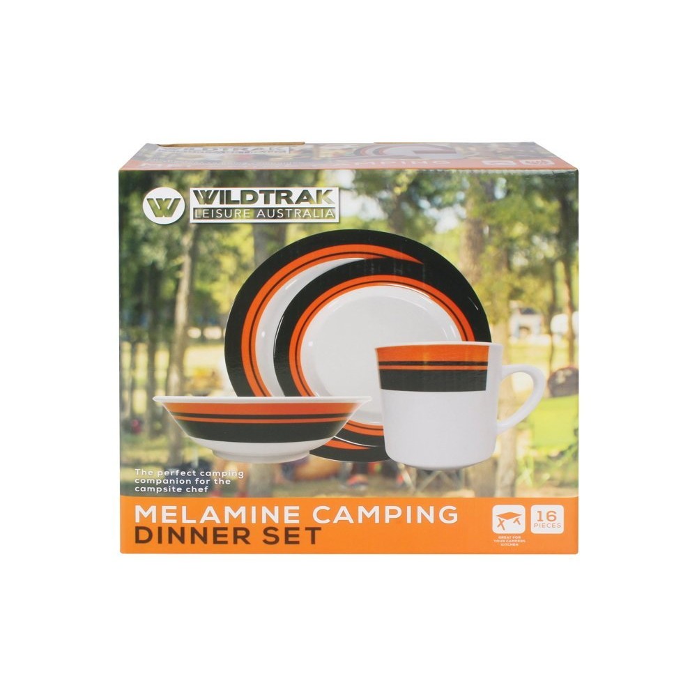 Wildtrak 16-Piece BPA-Free Melamine Camping Dinner Set Wildtrak 16-piece BPA-free melamine camping dinner set with plates, bowls and mugs featuring black, white and orange stripe design for camping, caravanning and outdoor dining use