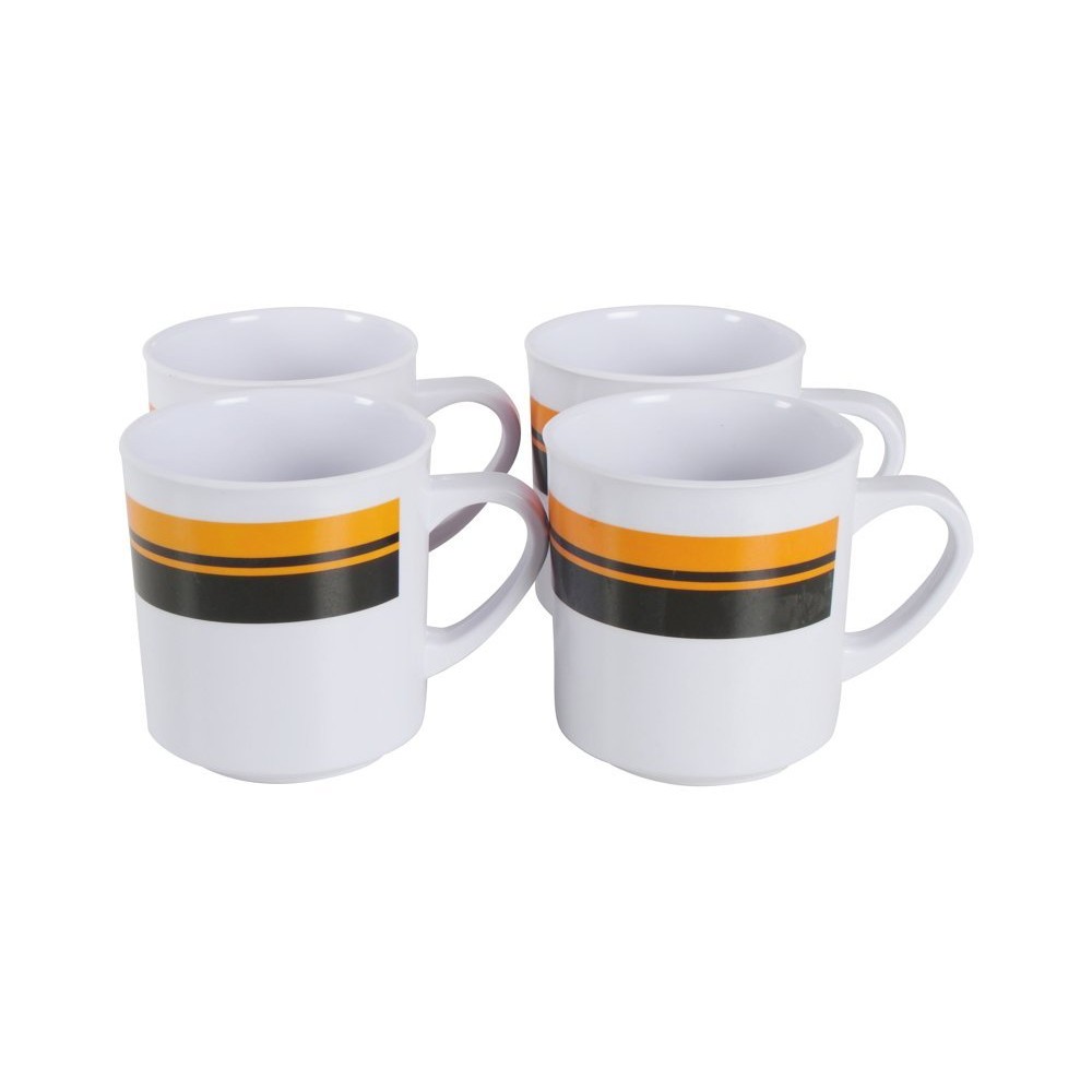 Wildtrak 16-Piece BPA-Free Melamine Camping Dinner Set Wildtrak 16-piece BPA-free melamine camping dinner set with plates, bowls and mugs featuring black, white and orange stripe design for camping, caravanning and outdoor dining use