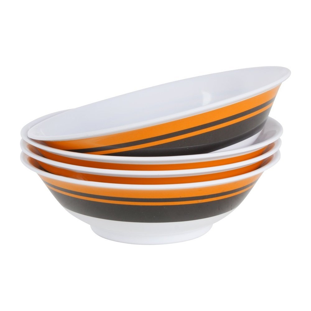 Wildtrak 16-Piece BPA-Free Melamine Camping Dinner Set Wildtrak 16-piece BPA-free melamine camping dinner set with plates, bowls and mugs featuring black, white and orange stripe design for camping, caravanning and outdoor dining use