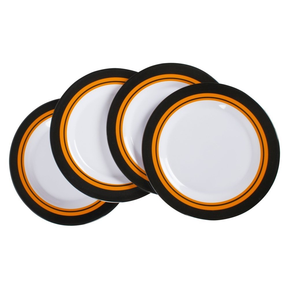 Wildtrak 16-Piece BPA-Free Melamine Camping Dinner Set Wildtrak 16-piece BPA-free melamine camping dinner set with plates, bowls and mugs featuring black, white and orange stripe design for camping, caravanning and outdoor dining use