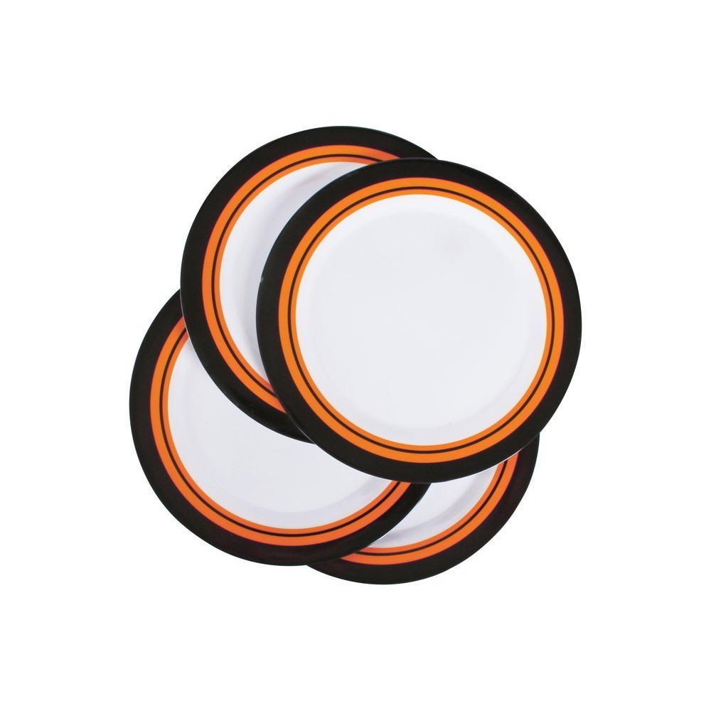 Wildtrak 16-Piece BPA-Free Melamine Camping Dinner Set Wildtrak 16-piece BPA-free melamine camping dinner set with plates, bowls and mugs featuring black, white and orange stripe design for camping, caravanning and outdoor dining use