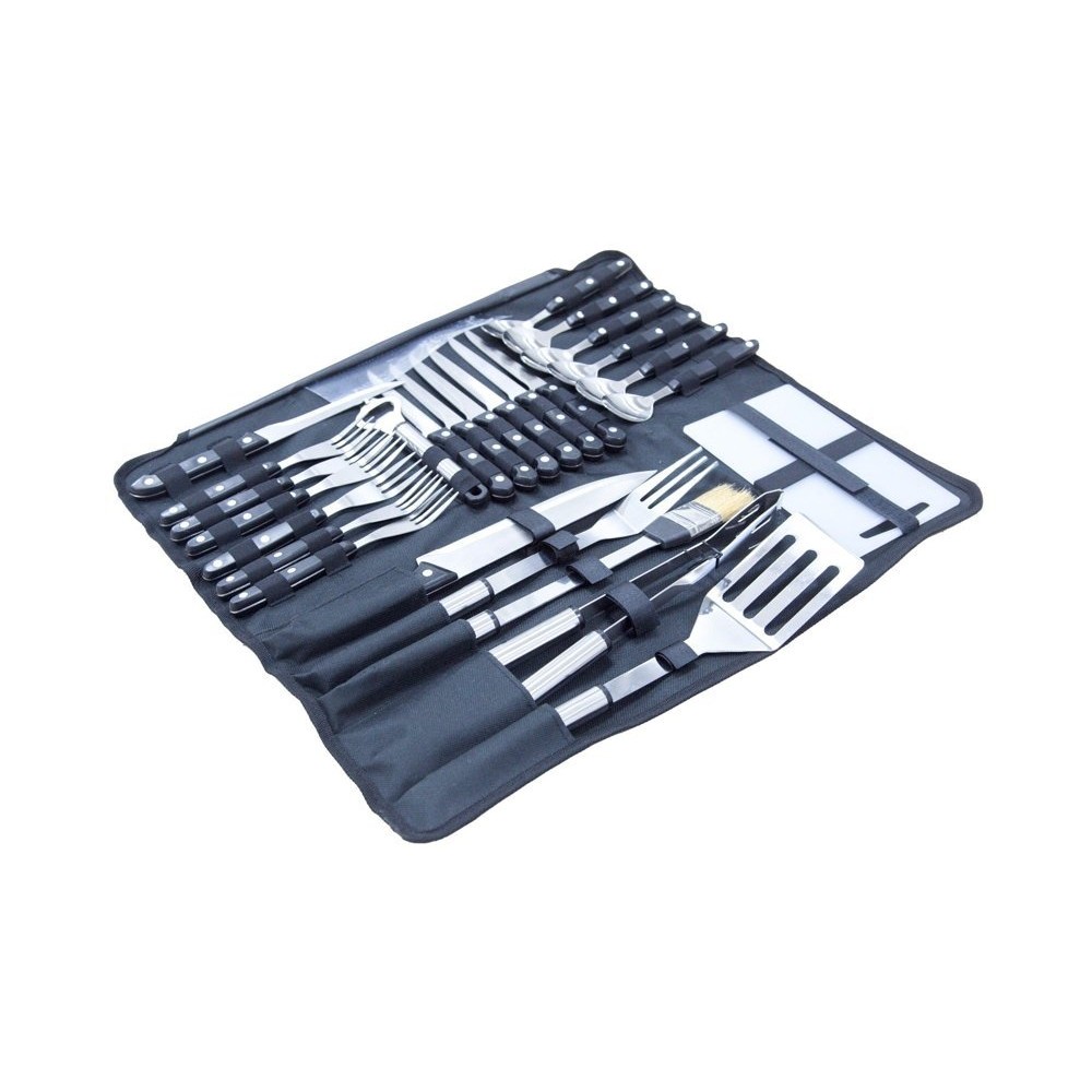 Wildtrak 26-piece stainless steel cutlery and BBQ set with knives, forks, spoons, barbecue tools and storage roll designed for camping, outdoor cooking, picnics and barbecues