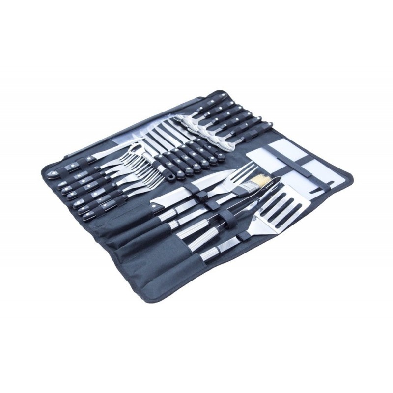 Wildtrak 26-piece stainless steel cutlery and BBQ set with knives, forks, spoons, barbecue tools and storage roll designed for camping, outdoor cooking, picnics and barbecues