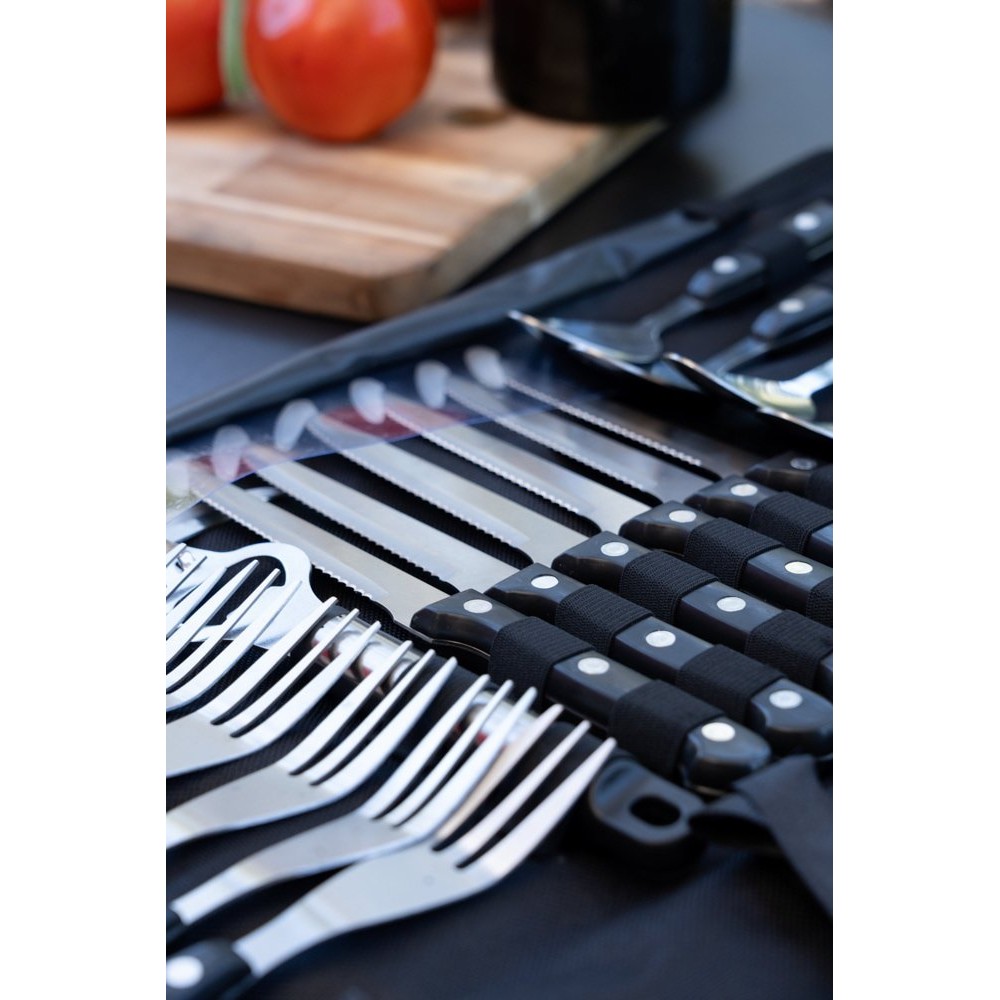 Wildtrak 26-piece stainless steel cutlery and BBQ set with knives, forks, spoons, barbecue tools and storage roll designed for camping, outdoor cooking, picnics and barbecues
