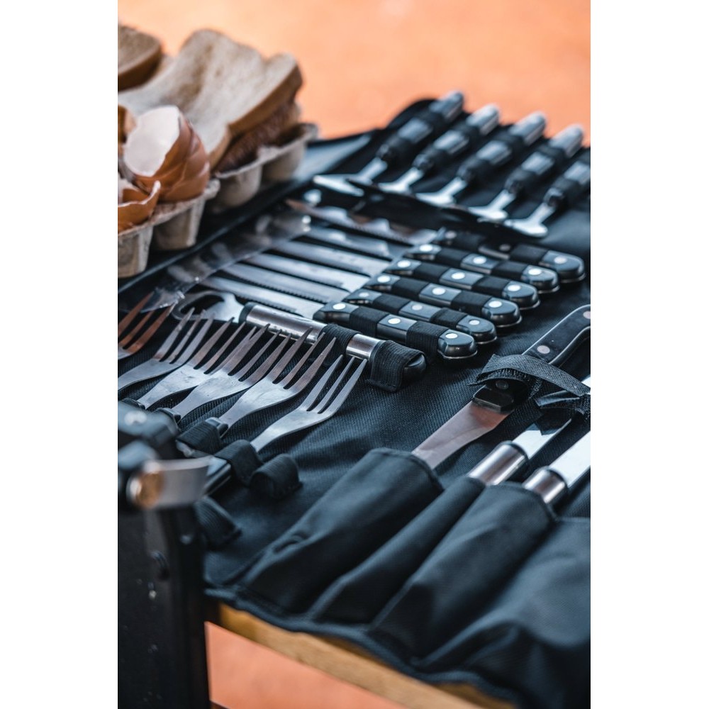 Wildtrak 26-piece stainless steel cutlery and BBQ set with knives, forks, spoons, barbecue tools and storage roll designed for camping, outdoor cooking, picnics and barbecues