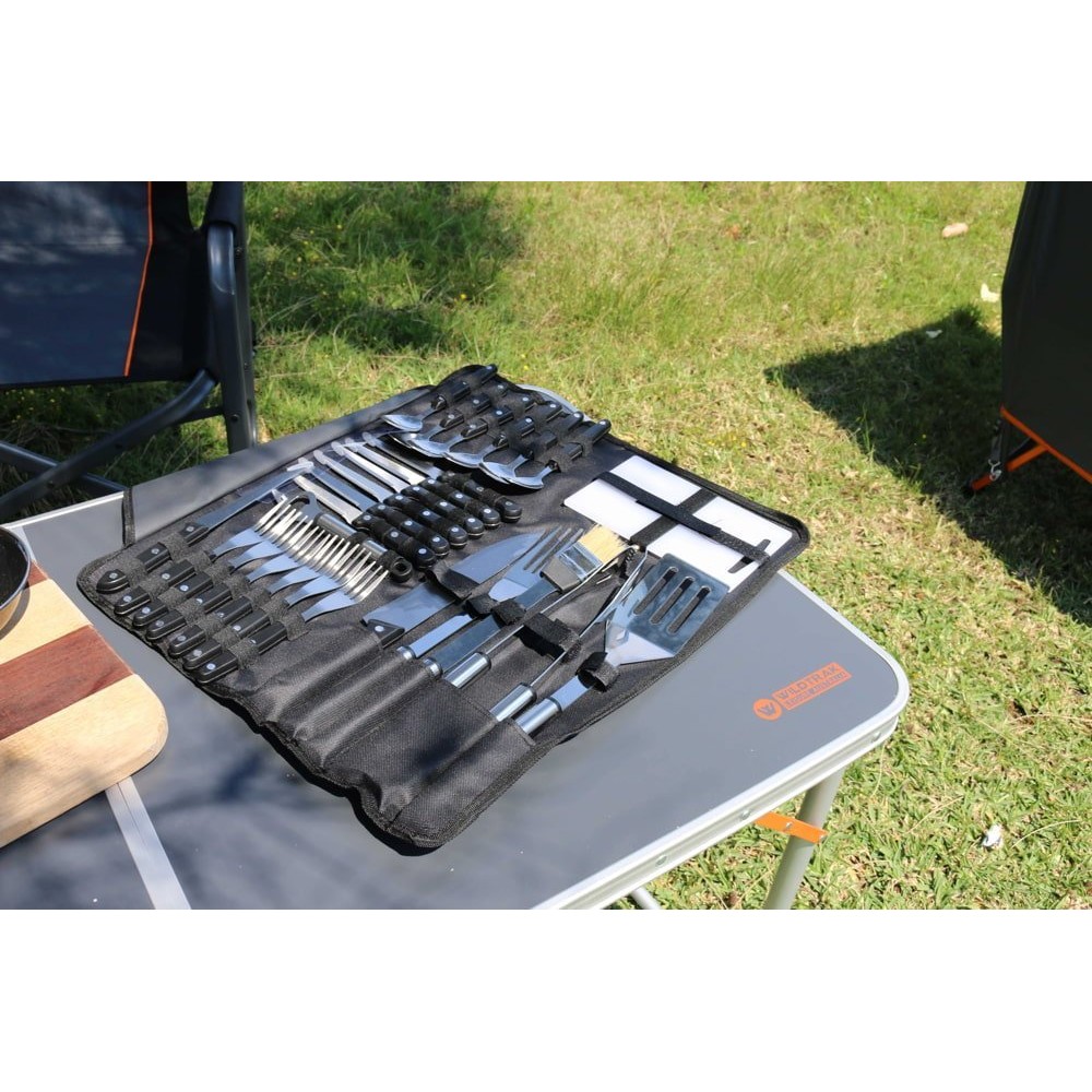 Wildtrak 26-piece stainless steel cutlery and BBQ set with knives, forks, spoons, barbecue tools and storage roll designed for camping, outdoor cooking, picnics and barbecues