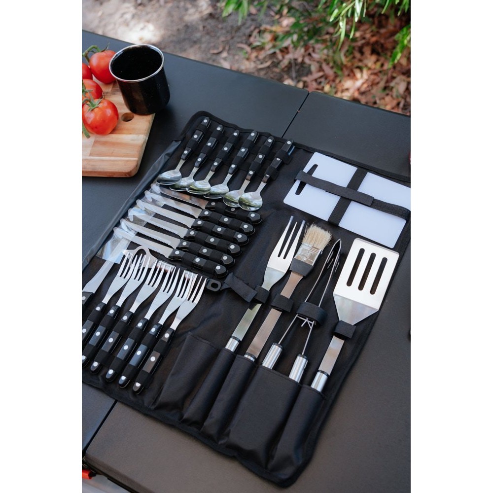 Wildtrak 26-piece stainless steel cutlery and BBQ set with knives, forks, spoons, barbecue tools and storage roll designed for camping, outdoor cooking, picnics and barbecues