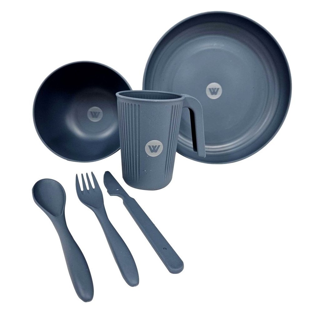 Wildtrak 6-piece wheat straw dinner set including plate, bowl, cup, fork, knife and spoon in blue-grey finish designed for camping, picnics, travel and reusable outdoor dining use