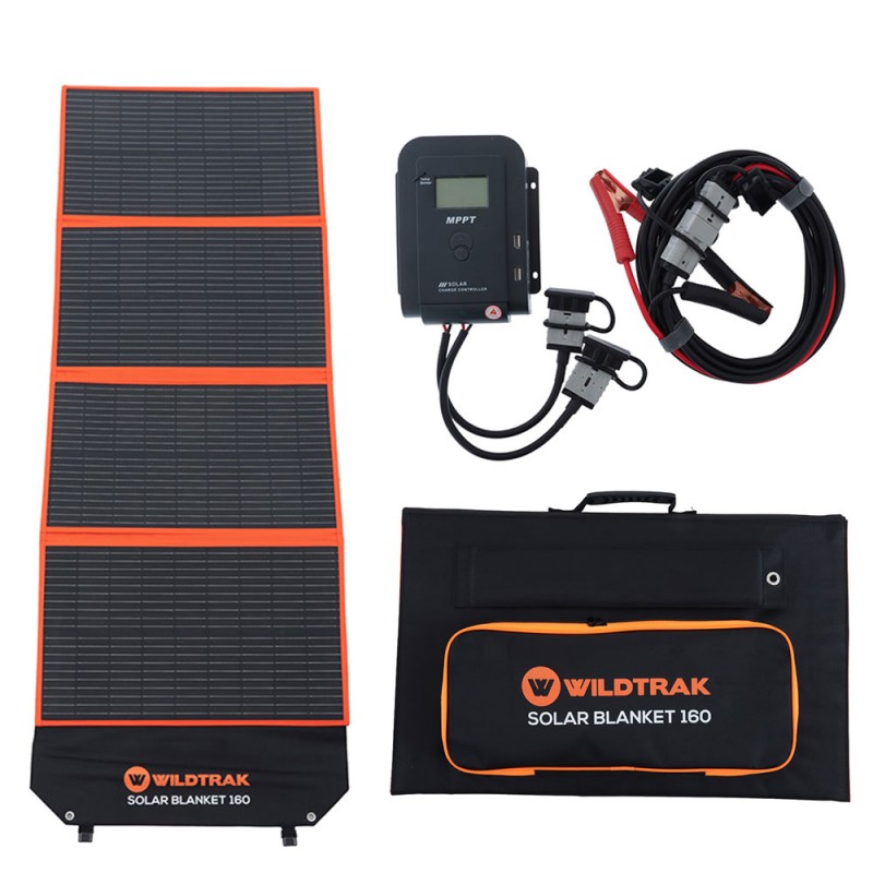 Wildtrak 160W A-grade folding solar blanket with ETFE coating, solar controller, battery cables and carry bag designed for camping, caravanning, portable energy and off-grid solar charging systems