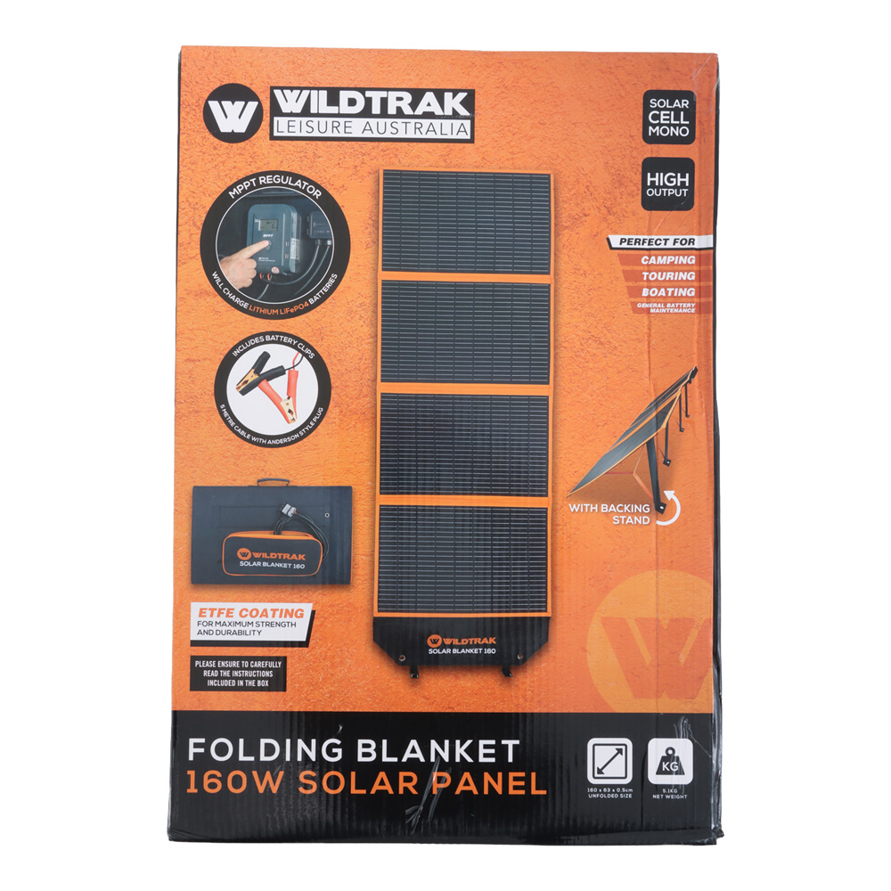 Wildtrak 160W A-grade folding solar blanket with ETFE coating, solar controller, battery cables and carry bag designed for camping, caravanning, portable energy and off-grid solar charging systems