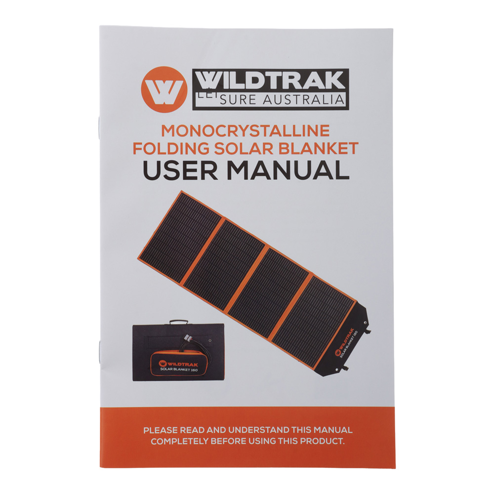 Wildtrak 160W A-grade folding solar blanket with ETFE coating, solar controller, battery cables and carry bag designed for camping, caravanning, portable energy and off-grid solar charging systems