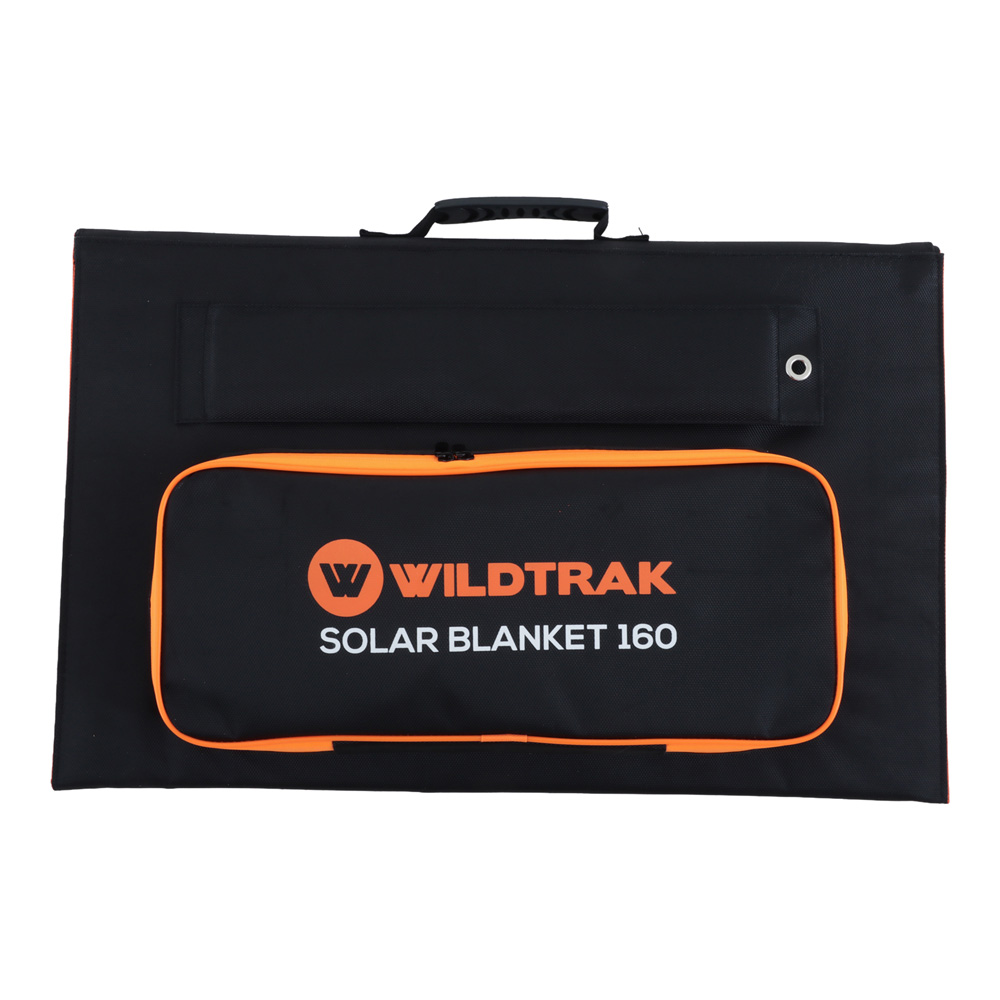 Wildtrak 160W A-grade folding solar blanket with ETFE coating, solar controller, battery cables and carry bag designed for camping, caravanning, portable energy and off-grid solar charging systems