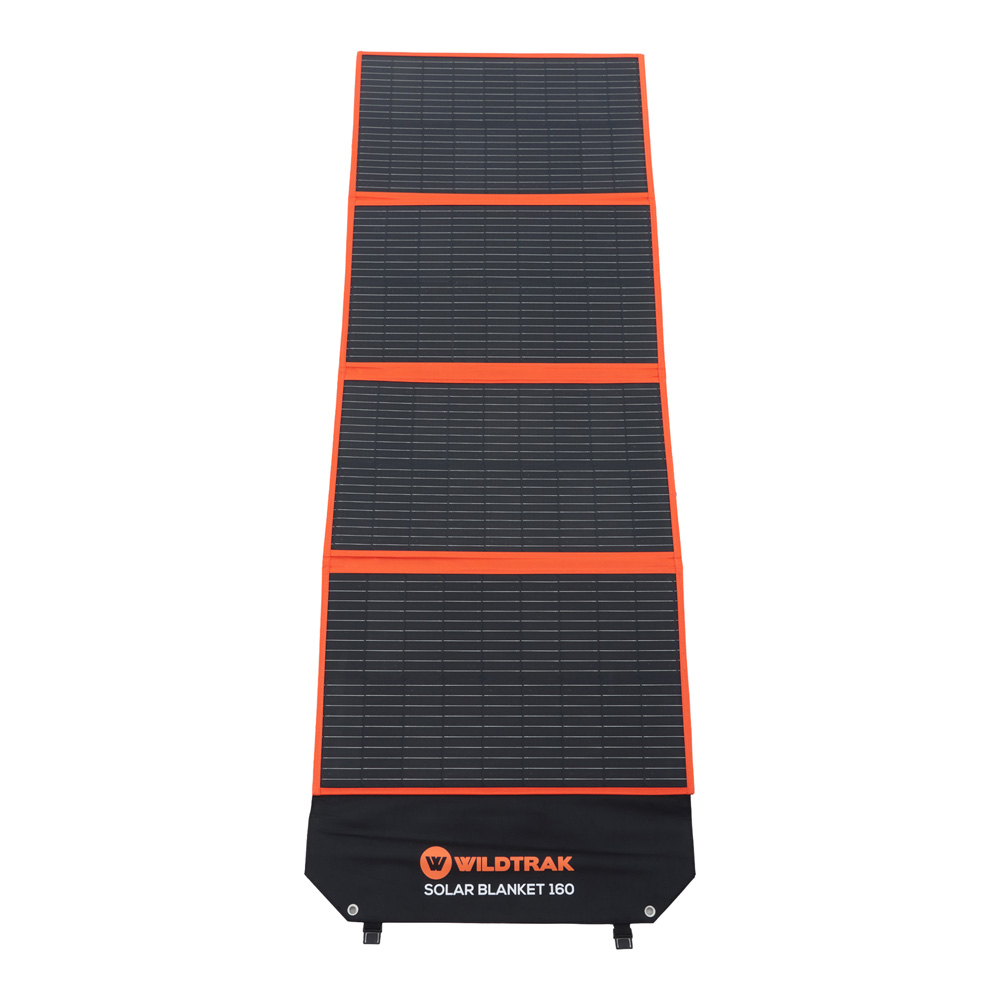 Wildtrak 160W A-grade folding solar blanket with ETFE coating, solar controller, battery cables and carry bag designed for camping, caravanning, portable energy and off-grid solar charging systems