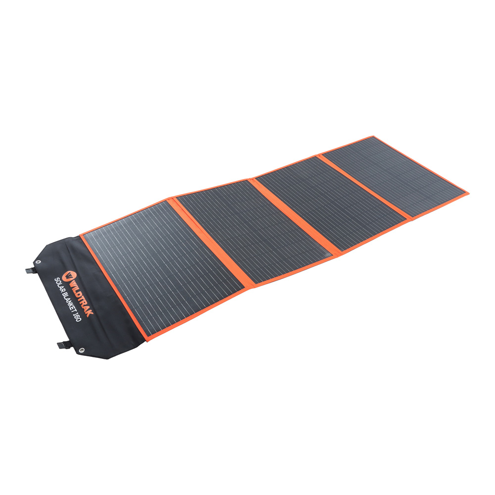 Wildtrak 160W A-grade folding solar blanket with ETFE coating, solar controller, battery cables and carry bag designed for camping, caravanning, portable energy and off-grid solar charging systems