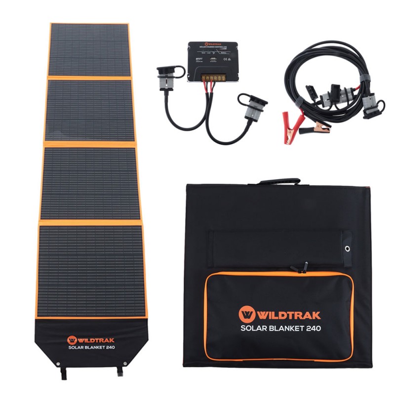 Wildtrak 240W folding solar blanket with ETFE coating, solar controller, connection cables and carry bag designed for camping, caravanning, portable power and off-grid solar charging systems