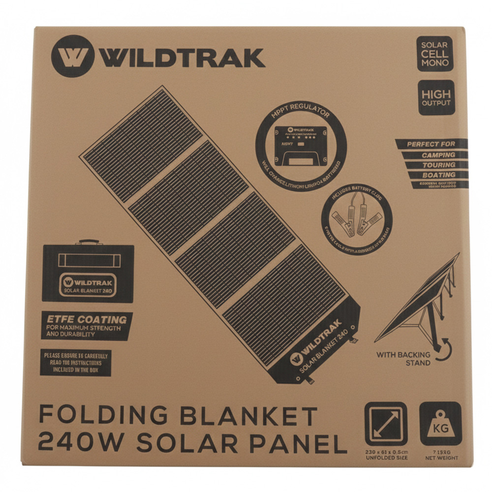 Wildtrak 240W folding solar blanket with ETFE coating, solar controller, connection cables and carry bag designed for camping, caravanning, portable power and off-grid solar charging systems