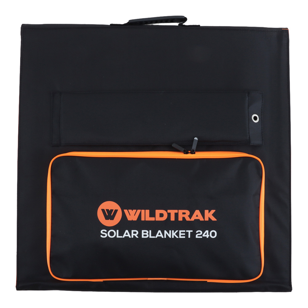 Wildtrak 240W folding solar blanket with ETFE coating, solar controller, connection cables and carry bag designed for camping, caravanning, portable power and off-grid solar charging systems