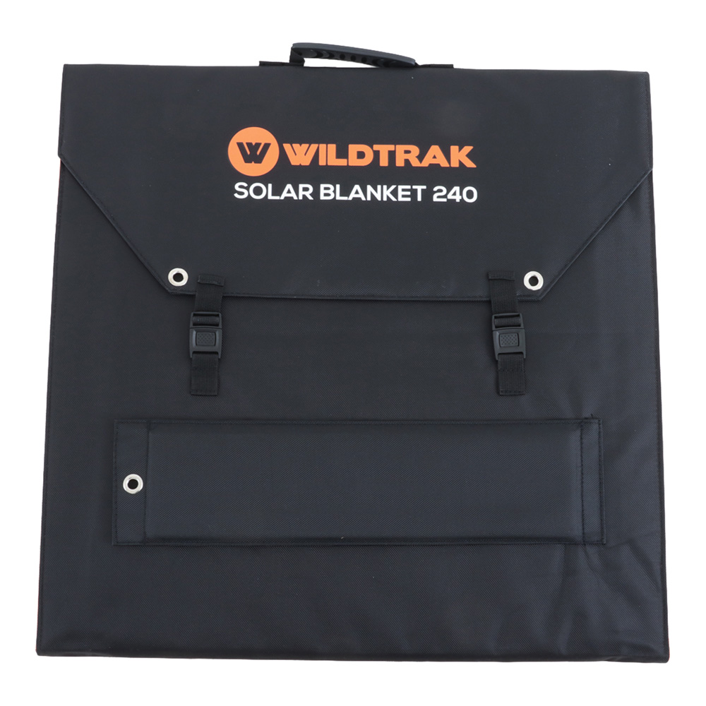 Wildtrak 240W folding solar blanket with ETFE coating, solar controller, connection cables and carry bag designed for camping, caravanning, portable power and off-grid solar charging systems