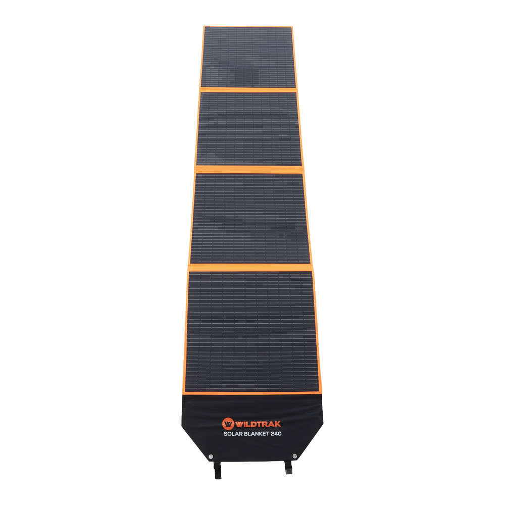 Wildtrak 240W folding solar blanket with ETFE coating, solar controller, connection cables and carry bag designed for camping, caravanning, portable power and off-grid solar charging systems
