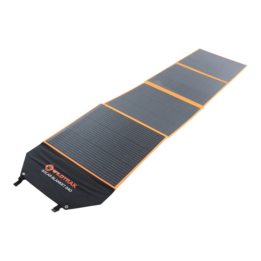 Wildtrak 240W folding solar blanket with ETFE coating, solar controller, connection cables and carry bag designed for camping, caravanning, portable power and off-grid solar charging systems