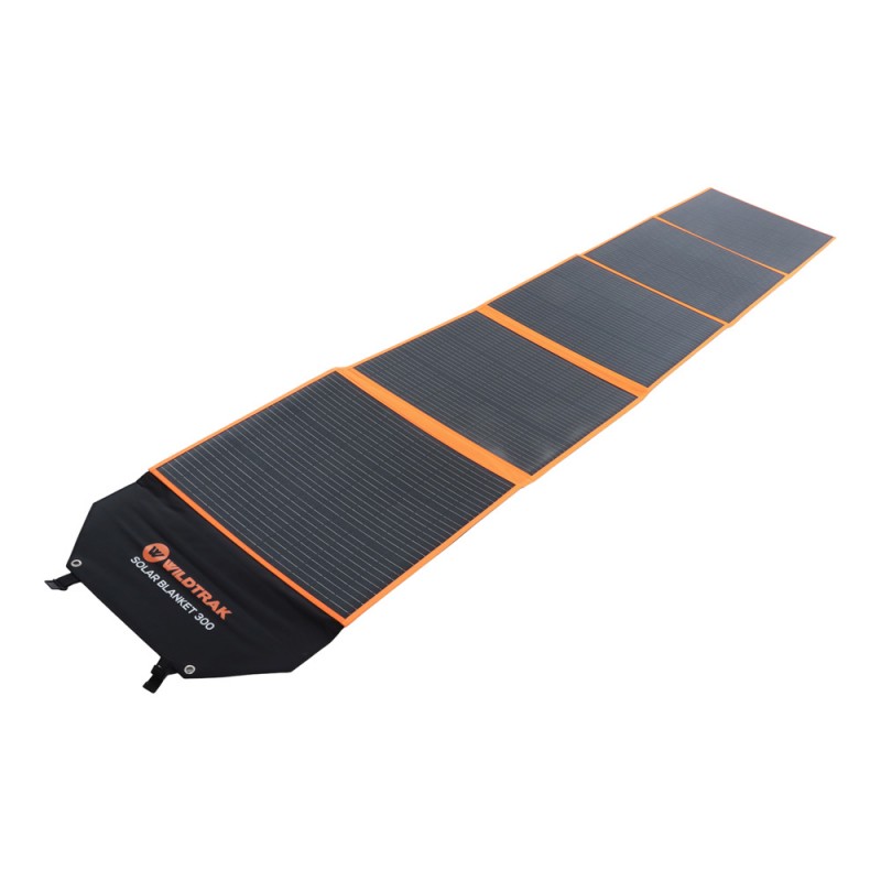 Wildtrak 300W A-grade folding solar blanket with durable ETFE coating and portable fold-out design for camping, caravanning, off-grid power and outdoor solar charging applications