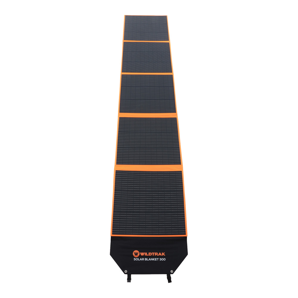 Wildtrak 300W A-grade folding solar blanket with durable ETFE coating and portable fold-out design for camping, caravanning, off-grid power and outdoor solar charging applications