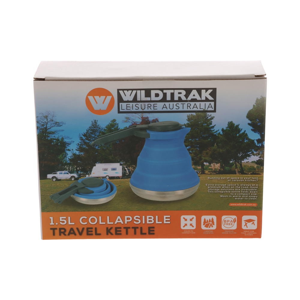 Wildtrak Expanda 1.5L collapsible kettle with foldable silicone body and compact portable design for camping, caravanning, hiking and space-saving outdoor cooking use