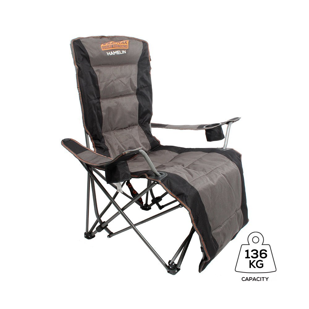 Wildtrak Hamelin Recliner Folding Camping Chair Wildtrak Hamelin recliner folding camping chair with padded reclining seat, cup holder and foldable steel frame designed for camping, outdoor relaxation and caravanning comfort