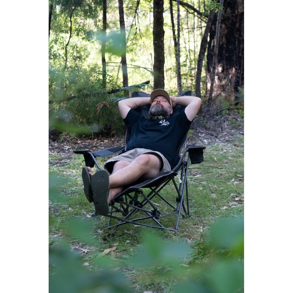 Wildtrak Hamelin Recliner Folding Camping Chair Wildtrak Hamelin recliner folding camping chair with padded reclining seat, cup holder and foldable steel frame designed for camping, outdoor relaxation and caravanning comfort