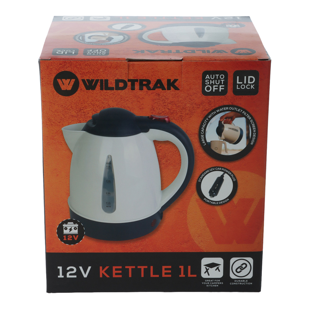 Wildtrak Portable 12V Kettle 1L Wildtrak portable 1L 12V electric kettle with compact cordless design and water level indicator for camping, caravanning, road trips and travel use