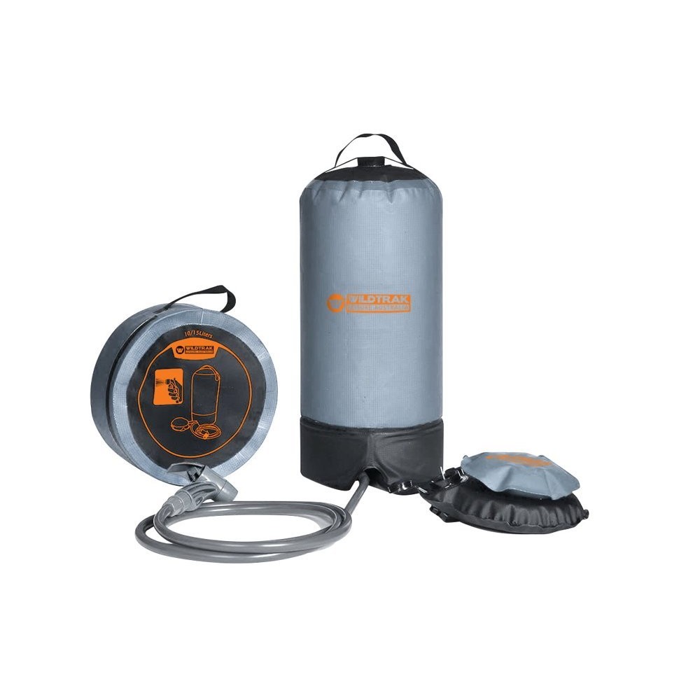 Wildtrak 15L portable camping shower with foot pump, hose, shower head and compact carry bag designed for camping, beach trips, outdoor cleaning and off-grid showering