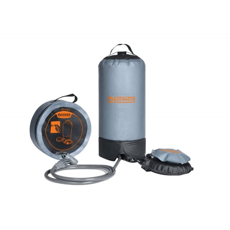 Wildtrak 15L portable camping shower with foot pump, hose, shower head and compact carry bag designed for camping, beach trips, outdoor cleaning and off-grid showering