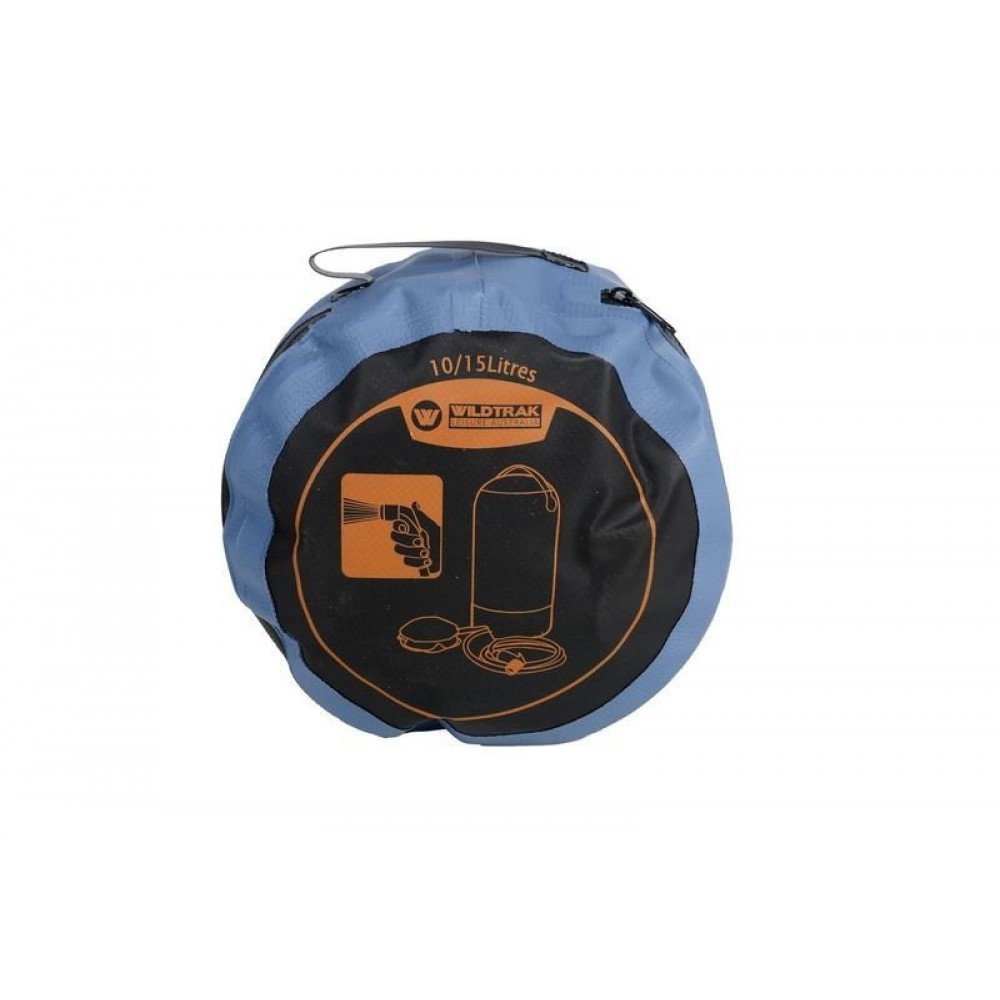 Wildtrak 15L portable camping shower with foot pump, hose, shower head and compact carry bag designed for camping, beach trips, outdoor cleaning and off-grid showering
