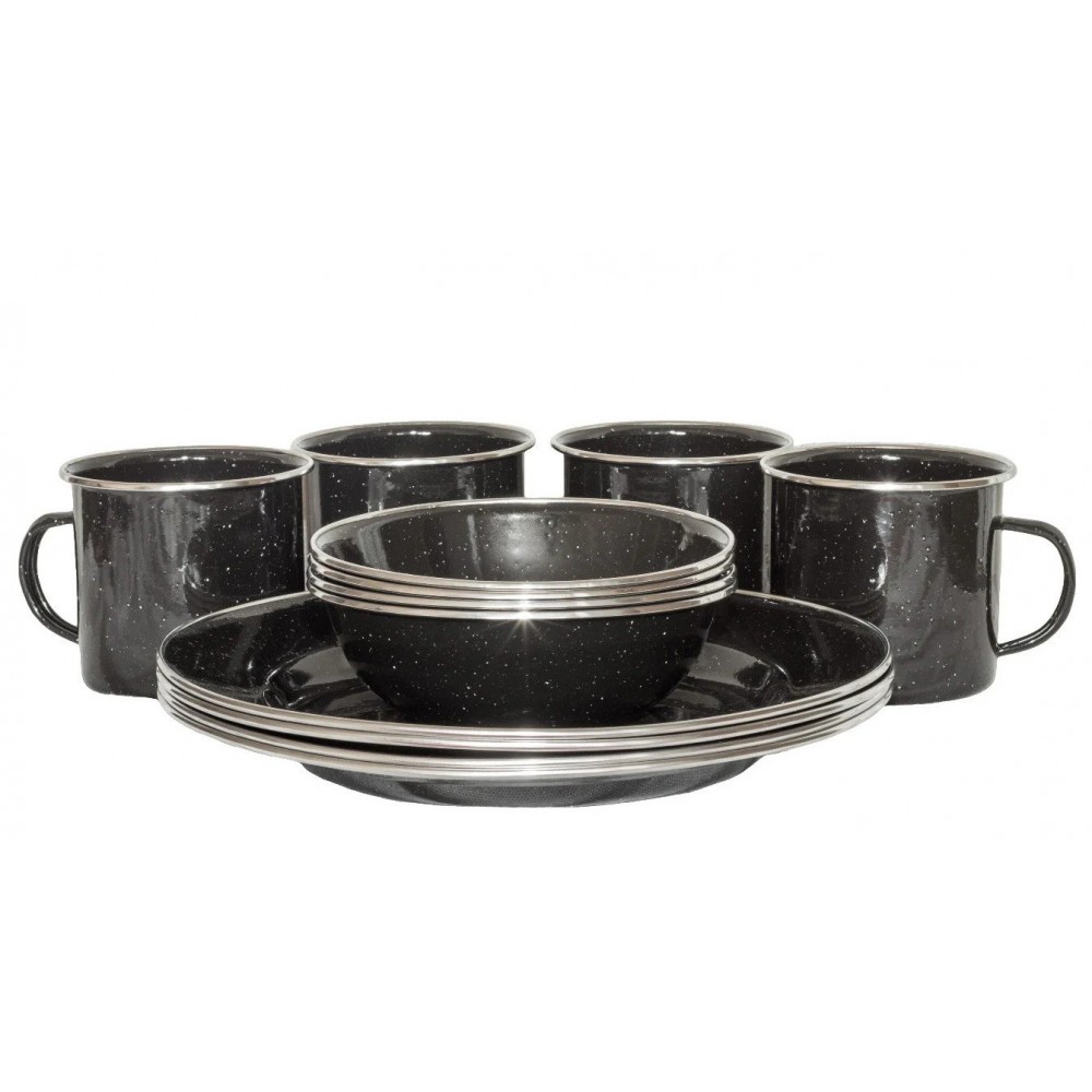 Wildtrak premium 12-piece enamel dinner set with plates, bowls and mugs featuring speckled black finish designed for camping, caravanning, picnics and outdoor dining adventures