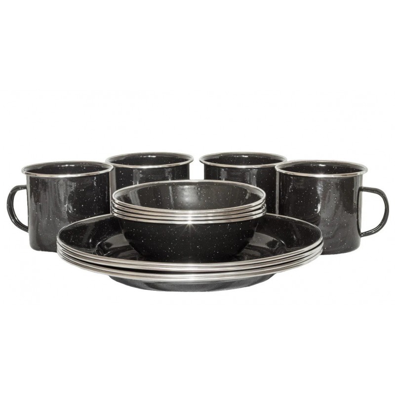 Wildtrak premium 12-piece enamel dinner set with plates, bowls and mugs featuring speckled black finish designed for camping, caravanning, picnics and outdoor dining adventures