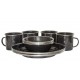Wildtrak premium 12-piece enamel dinner set with plates, bowls and mugs featuring speckled black finish designed for camping, caravanning, picnics and outdoor dining adventures