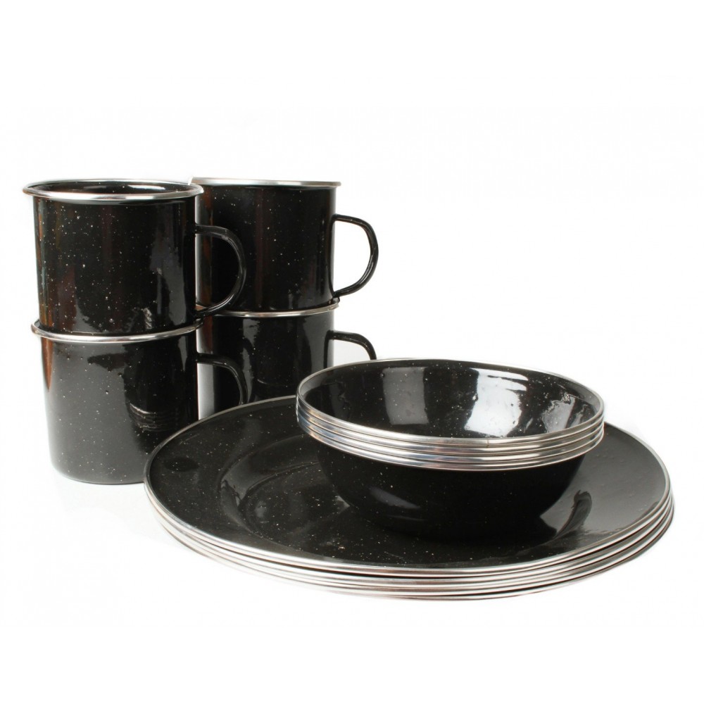 Wildtrak premium 12-piece enamel dinner set with plates, bowls and mugs featuring speckled black finish designed for camping, caravanning, picnics and outdoor dining adventures