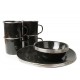 Wildtrak premium 12-piece enamel dinner set with plates, bowls and mugs featuring speckled black finish designed for camping, caravanning, picnics and outdoor dining adventures