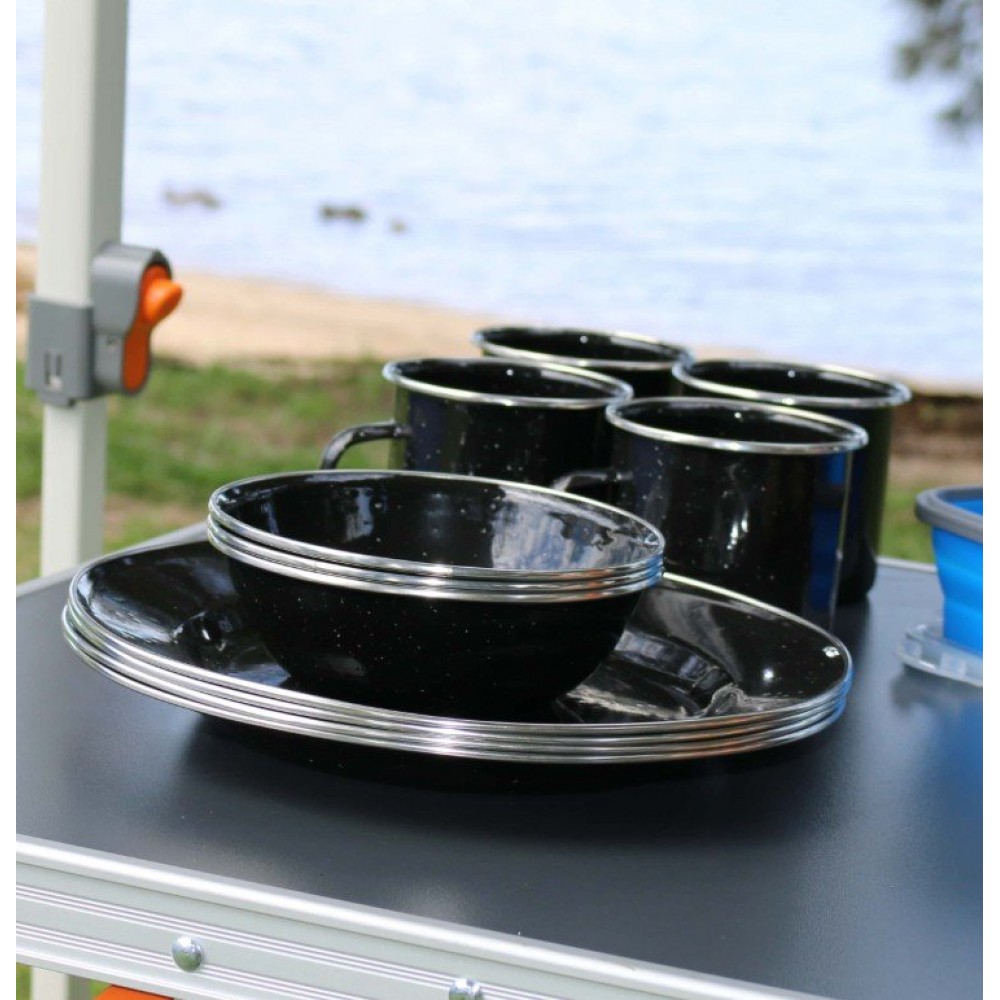 Wildtrak premium 12-piece enamel dinner set with plates, bowls and mugs featuring speckled black finish designed for camping, caravanning, picnics and outdoor dining adventures