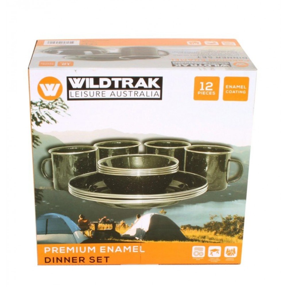 Wildtrak premium 12-piece enamel dinner set with plates, bowls and mugs featuring speckled black finish designed for camping, caravanning, picnics and outdoor dining adventures