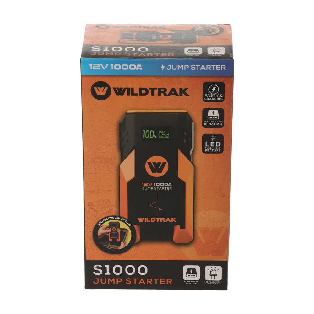 Wildtrak S1000A Portable Jump Starter Power Bank 12V 12800mAh Wildtrak S1000A portable 12V jump starter and 12800mAh power bank with compact rugged design and digital display for emergency vehicle starting and portable device charging